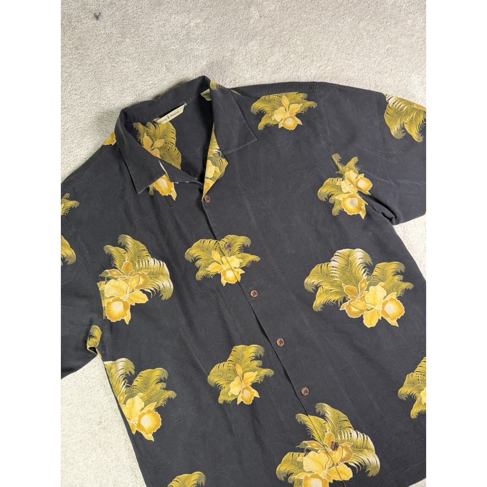 Tommy Bahama Silk Floral Camp Shirt Mens L Black Yellow Hibiscus Tropical Aloha